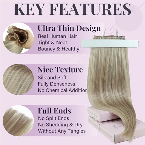 Fshine Hand Tied Genius Weft Real Human Hair Genius Weft Ash Blonde Highlight Platinum Blonde Sew in Real Human Hair Extensions for Women Natural 24 Inch 60g