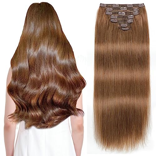 Sisily Clip in Hair Extensions Real Human Hair, 16 inch 140g, Medium Light Brown, 100% Brazilian Remy Human Hair Clip in Extensions Soft Straight 7pcs Per Set with 16 Clips Double Weft