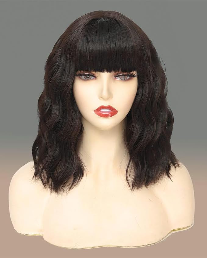 WAVE&BREEZE Brown Wig with Bangs Short Wavy Bob Wigs for Women 14 Inch Shoulder Length Natural Looking Synthetic Hair Replacement Wigs for Cosplay Party Use