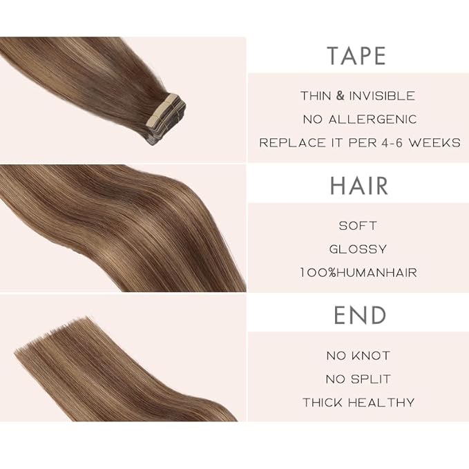 Tape in Hair Extensions, 20pcs 16 Inch Chocolate Brown Mixed Honey Blonde Straight Human Hair Extensions Tape in Seamless Skin Weft Remy (4/4/27#, 16 Inch)