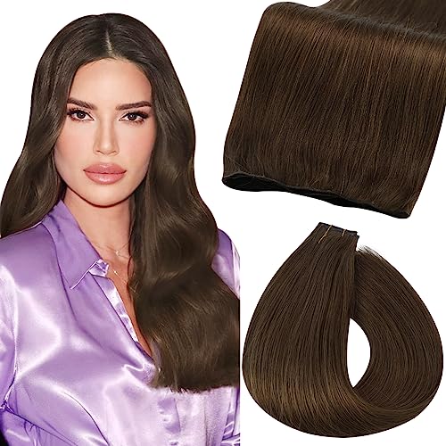 Fshine Genius Weft Hair Extensions Real Human Hair, 24 Inch 60g Chocolate Brown Thicker Seamless Hair Extensions Sew in Human Hair Straight Natural Remy Hair Double Weft