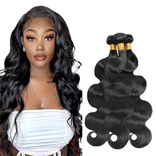 24 26 28 inch WuvuSnm Body Wave Bundles Human Hair Body Wave 3 Bundles Brazilian Remy Body Wave Human Hair Bundles No Tangle Natural Black Color