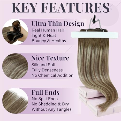 Fshine Extensions Human Hair Genius Wefts Dark Brown 14inch 50g Human Hair Balayage Light Brown Highlights Ash Blonde Human Sew in