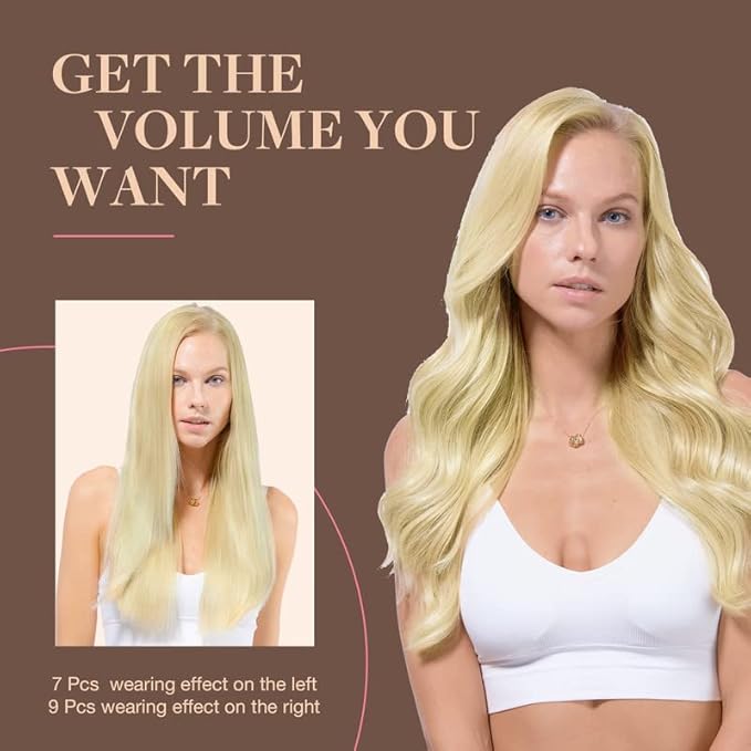 GOO GOO Clip in Hair Extensions Real Human Hair, Remy Human Hair Extensions Clip ins for Women, Natural Human Hair, 16inch 150g 9Pcs, 16/22 Light Blonde Highlighted Golden Blonde
