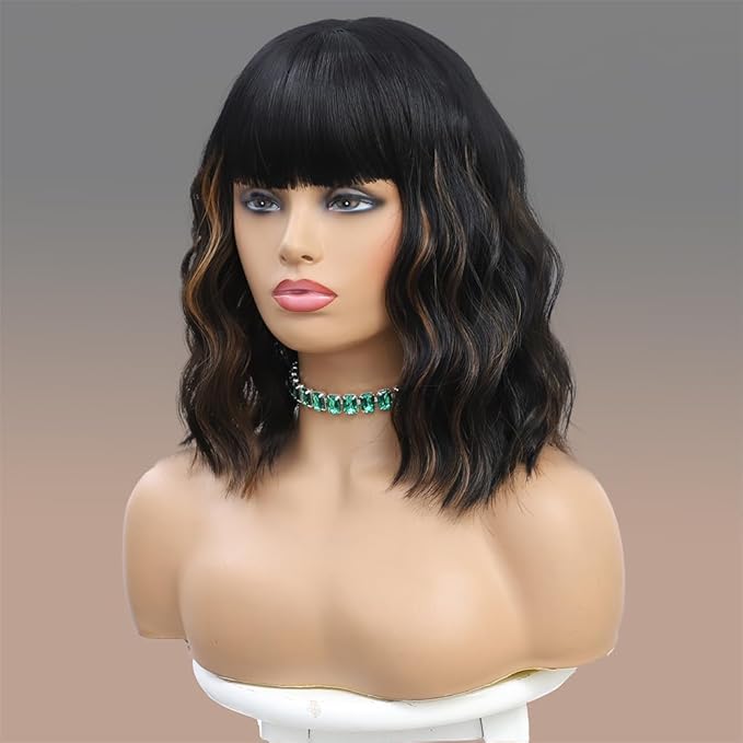 WAVE&BREEZE Black Mixed Brown Highlights Wigs for Black Women Short Wavy Curly Wig With Bangs Natural Looking Synthetic Hair Wigs Heat Resistant Fiber Wig for Daily Party