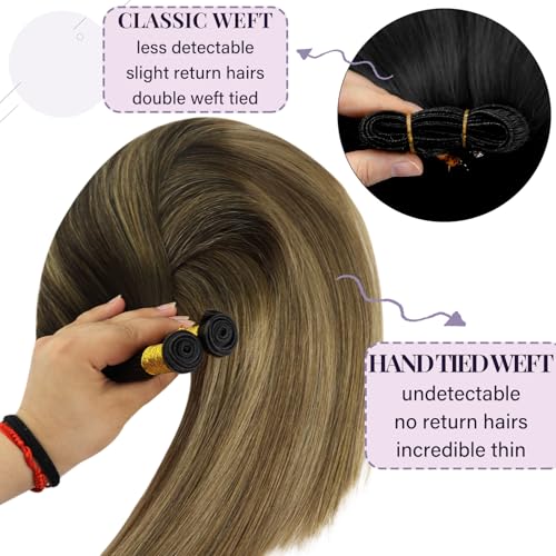 Fshine Extensions Human Hair Genius Wefts Dark Brown 14inch 50g Human Hair Balayage Light Brown Highlights Ash Blonde Human Sew in