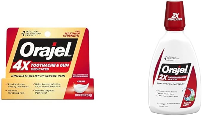 Orajel 4X for Toothache & Gum Pain: Severe Cream Tube 0.33oz- from Oral Pain Relief Brand & Toothache Rinse, Analgesic Astringent, Soothing Mint, 16 fl oz