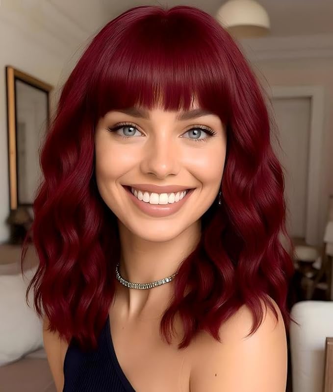 WAVE&BREEZE Red Wigs for Women Wavy Bob Wig with Bangs Short Curly Synthetic Hair Wigs Natural Looking Daily Hair Replacement Wigs for Cosplay Costume Party Use