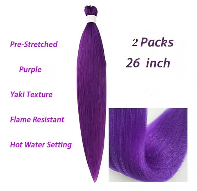 Purple Braiding Hair，Pre stretched Non ToxicHypoallergenic Braiding Hair Extensions Ez Braid Twist Knotless Synthetic for Stage Party Halloween Costume Cosplay (26 inch,2Packs)