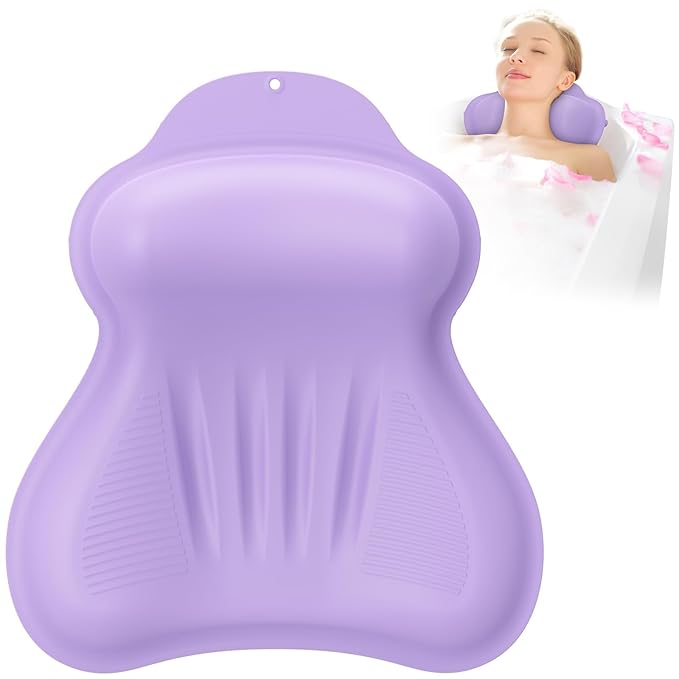 Silicone Bath Pillow, New Material Bath Pillows for Tub Head Neck and Back Support, Bath Tub Pillow with 4D Press Inflatable Airbag and Non-Slip Strong Suction Cups, Quick-Drying, Easy to Store,Purple
