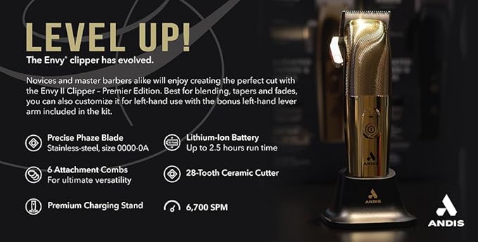 Andis Envy II Cordless Clipper Premium Edition, Professional Lithium-ion Electric Beard & Hair Clipper, Phaze Blade, Cordless, Gold