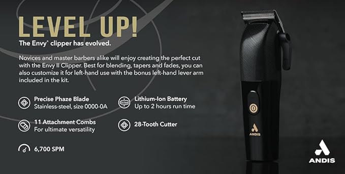 Andis Envy II Cordless Clipper, Professional Lithium-ion Electric Beard & Hair Clipper, Phaze Blade, Cordless, Black