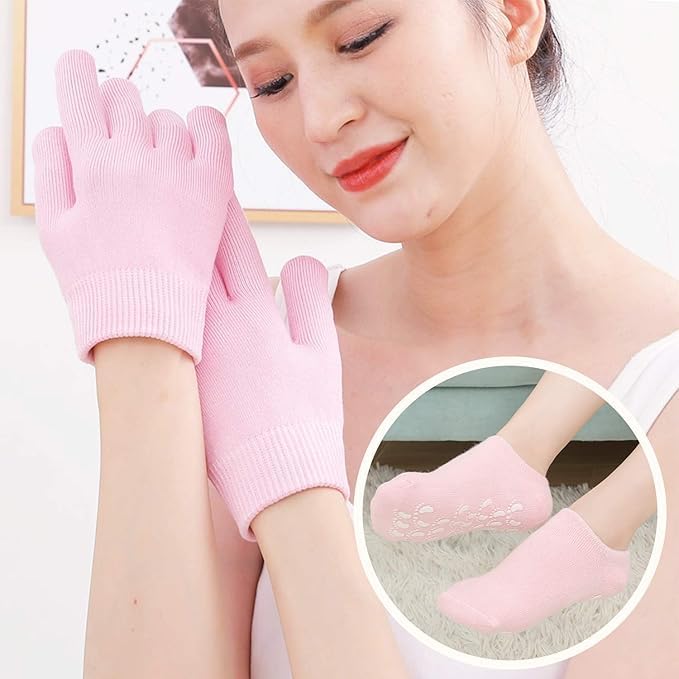 Moisturizing Gloves and Socks, Gel Spa Moisturizing Therapy Sock ＆ Glove, Overnight Gloves for Dry Hands, Repair and Soften Aging, Hand and Feet Care for Chapped and Dry Skin (Pink)