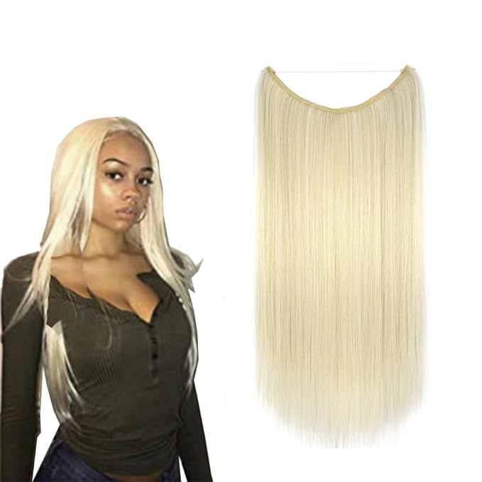 iLUU 22"/80g White and Bleach Blonde Piano Ombre Color Transparent Fishing Line Hair Extensions Synthetic Hairpieces Invisible Secret Hidden String Hair Extension Straight Hair for Women