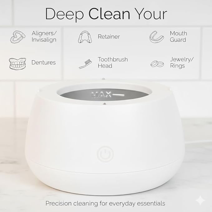 Fiona James 48kHz Ultrasonic Dental Pod Cleaner with UV – White | Retainer, Aligner, Night Guard & Denture Cleaner | Sonic Cleaning Machine for Oral Appliances & Jewelry
