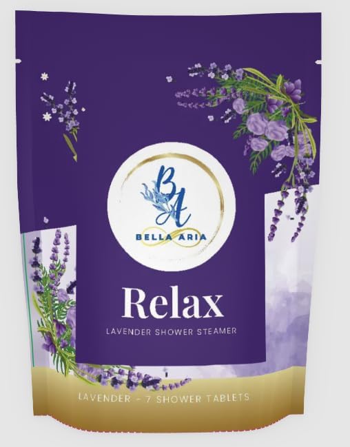 Bella Aria by Just Us Chix - Relax Lavender Shower Steamers, Aromatherapy Spa Experience, 7 Aromatic Tablets with Mesh Bag
