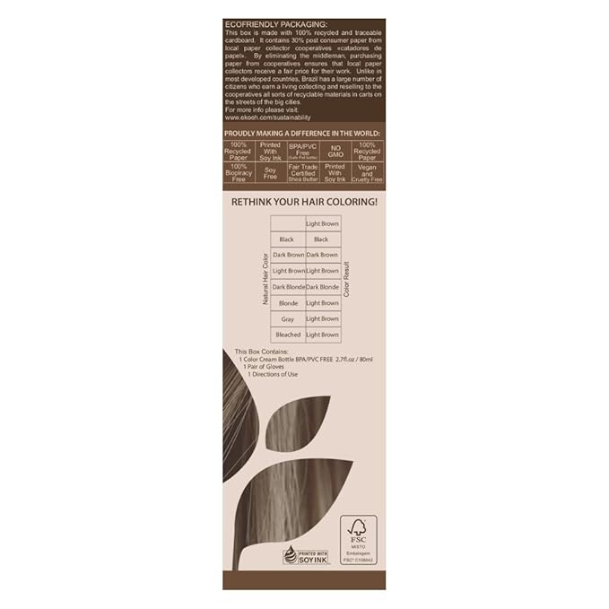Hair Color EKOEH BRASIL Cream Light Brown, PPD FREE, VEGAN 2.7fl.oz