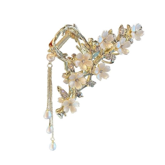 Elegant Floral Hair Clip, Pearl Tassel Bun Holder, Gold Lily of The Valley Design with Dangling Pearls, Temperament Pearl Bun Hair Clip Back Of The Head Shark Clip