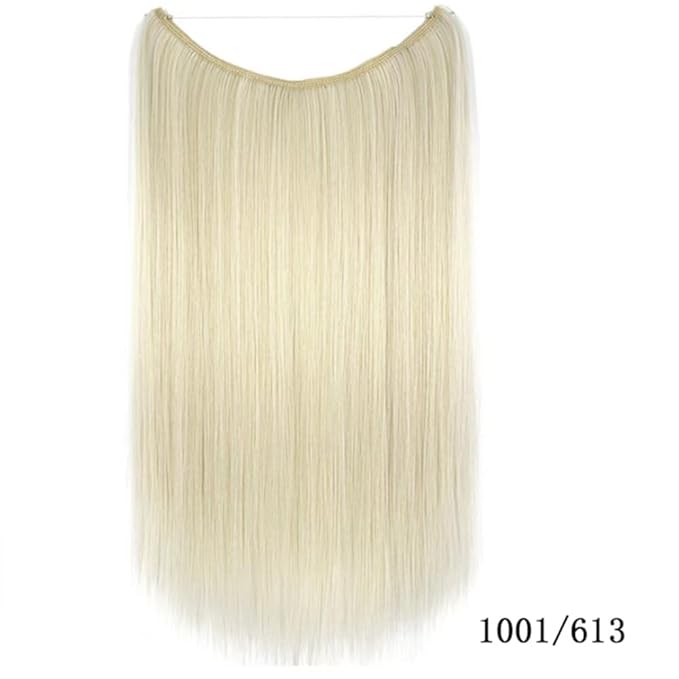 iLUU 22"/80g White and Bleach Blonde Piano Ombre Color Transparent Fishing Line Hair Extensions Synthetic Hairpieces Invisible Secret Hidden String Hair Extension Straight Hair for Women