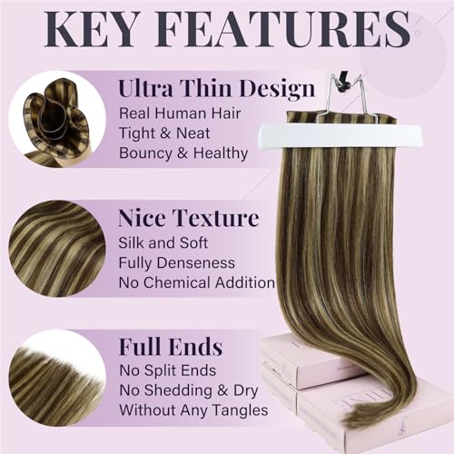 Fshine Hand Tied Human Hair Genius Weft Highlight Genius Weft Color 4P27 Ash Blonde and Golden Blonde Sew in 20 Inch 60g Remy Human Hair Weave Natural