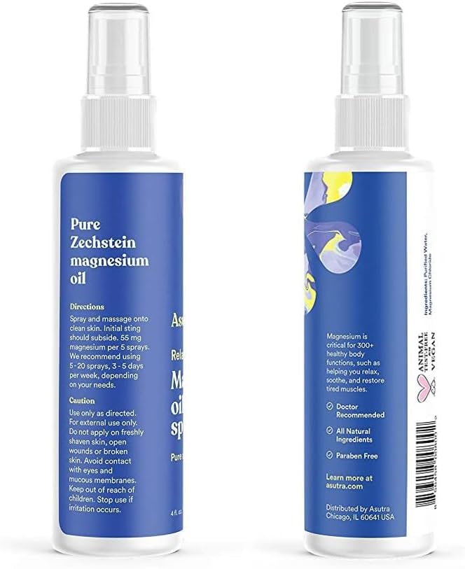 ASUTRA Magnesium Oil Spray, 4 fl oz - Topical Magnesium, Rapid Absorption, Pure, Odorless and Non-Greasy, Magnesium Derived from Zechstein Seabed