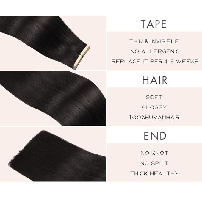 Human Hair Tape in Extensions Jet Black 20pcs Seamless Skin Weft Hair Extensions 22 Inch Double Sided Remy Invisible Straight Tape in Hair Extensions Human Hair (1#,22 Inch)