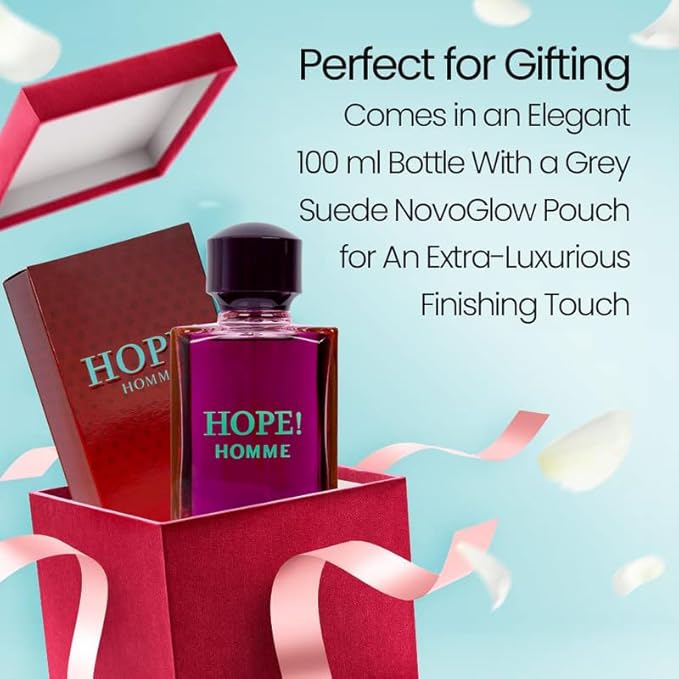 NovoGlow Hope Homme - 100ml Eau De Parfum Spray for Men - Spicy Floral & Intense Fragrance Warm Scent Lasts All Day Long - Includes Carrying Pouch Gift for All Occasions