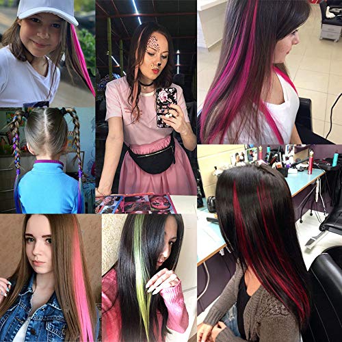 10PCS 20 inch Colorful Party Highlights Hair Extensions Clip in Pink Hair Extensions Straight Synthetic Hairpieces for Women Kids Girls Hair Accessories (Pink)