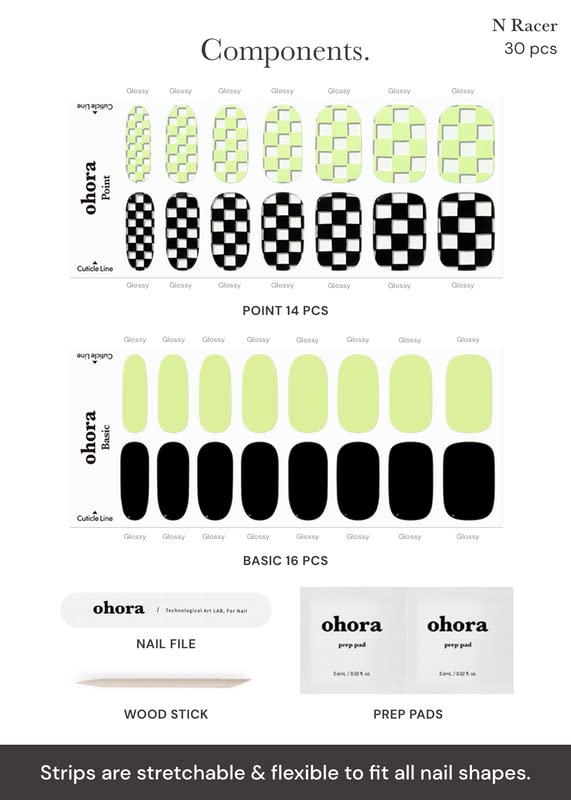 ohora Semi Cured Gel Nail Strips (N Racer) - Green, Patterned, Works with Any UV/LED Lamps, Salon-Quality, Long Lasting, Easy to Apply & Remove - Includes 2 Prep Pads, Nail File & Wooden Stick