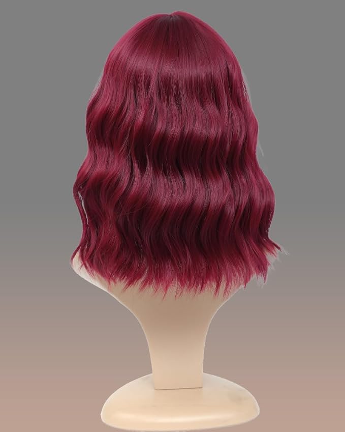 WAVE&BREEZE Red Wigs for Women Wavy Bob Wig with Bangs Short Curly Synthetic Hair Wigs Natural Looking Daily Hair Replacement Wigs for Cosplay Costume Party Use