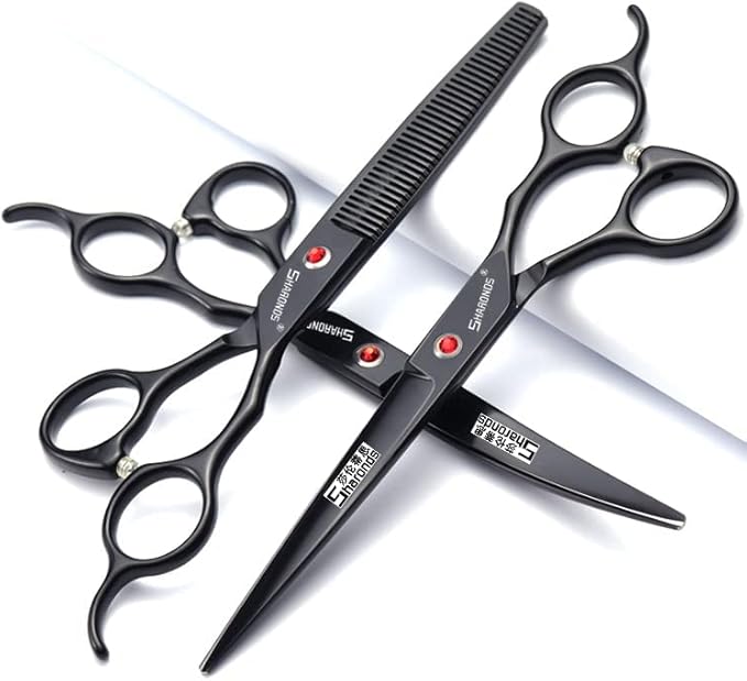 6/6.5/7 Inch Black Hairdressing Scissors Salon Hairdressing Tool 440c High Hardness Stainless Steel Haircut Hair Thinning Hairdressing Scissors (7 Inches, 4 Pieces)
