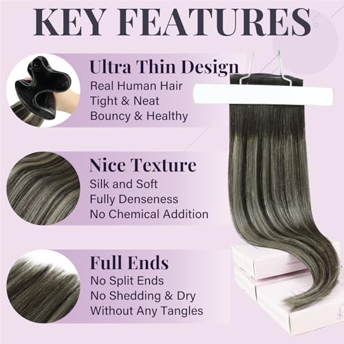 Fshine Real Human Hair Genius Weft Extensions 50g 14Inch Human Hair Hand Tied Genius Weft Balayage Dark Brown Highlights Platinum Blonde Human Hair Straight Hair Sewing Extensions