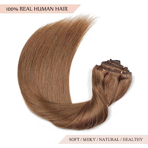 Sisily Clip in Hair Extensions Real Human Hair, 22 inch 170g, Medium Light Brown, 100% Brazilian Remy Human Hair Clip in Extensions Soft Straight 7pcs Per Set with 16 Clips Double Weft