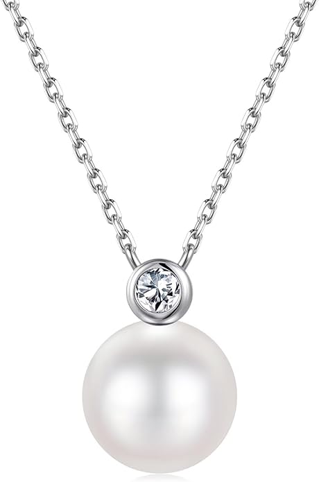 Iefil 9-10 mm Freshwater Pearl Birthstone Necklace for Women - S925 Sterling Silver Pearl Jewelry, Anniversary Birthday Gifts for Wife Girlfriend Mom