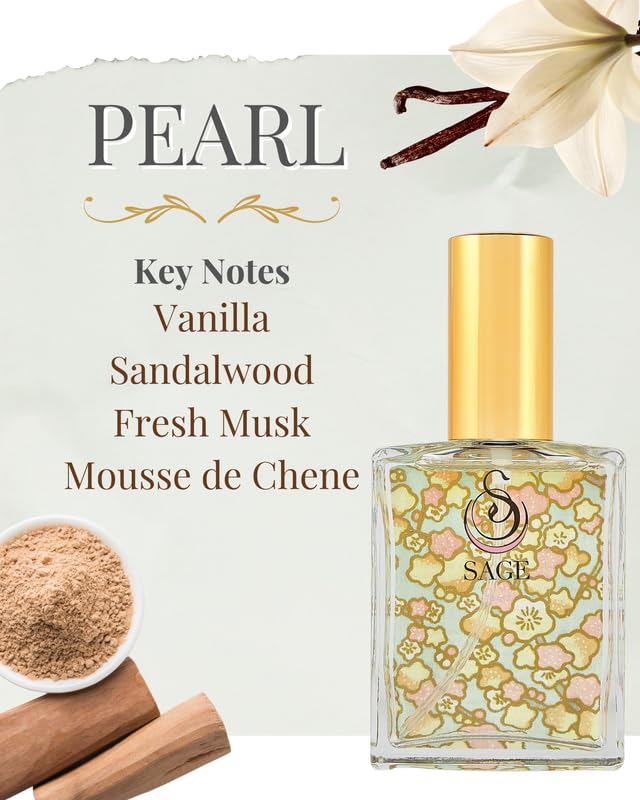 The Sage Lifestyle Pearl Luxury Spray, Vanilla Perfume, Sandalwood, Vanilla Musk, Perfume for Women, Long Lasting, Clean, Soft Skin Fragrance, Artisan, Gourmand, 2 oz, Travel Size Parfum, Made in USA