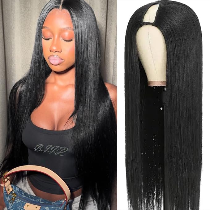 CHEETAHBEAUTY V Part Wigs Human Hair Straight V Shape Wigs for Black Women Upgrade U Part Wigs No Leave Out No Sew In No Glue Clip in Half Wigs 180% Density Natural Black 22Inch