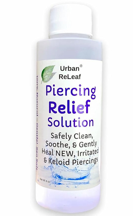 Urban ReLeaf PIERCING RELIEF Solution ! Safely Clean, Soothe & Gently Calm New, Irritated and Bumpy Piercings. 100% Natural Sea Salt, Tea Tree, Rosemary