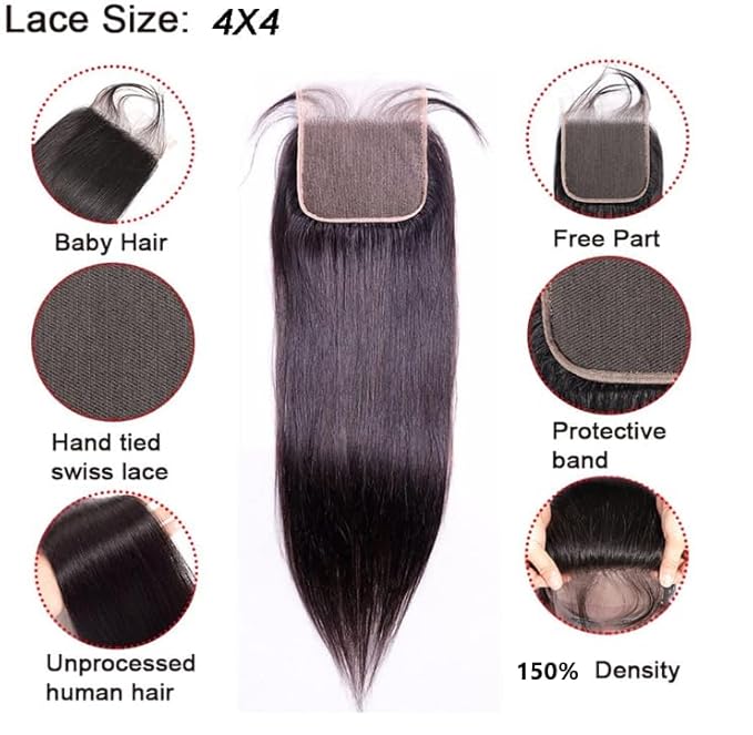 4X4 Lace Closure 1 Piece 10 Inch - 12A Unprocessed Brazilian Virgin Human Hair, Natural Scalp Look, Breathable Lace, Heat-Friendly (Natural Black)