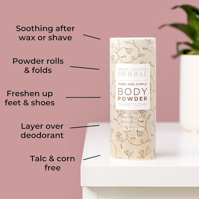 Ora's Amazing Herbal Body Powder for Women, Cornstarch and Talc Free, Bath and Dusting Powder, Amber Oil, Frankincense Essential Oil, Ylang-Ylang, Vanilla, Warm Scent, Sweet Love 2.5 oz