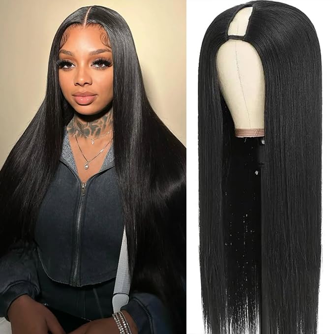 CHEETAHBEAUTY V Part Wigs Human Hair Straight V Shape Wigs for Black Women Upgrade U Part Wigs No Leave Out No Sew In No Glue Clip in Half Wigs 180% Density Natural Black 24Inch