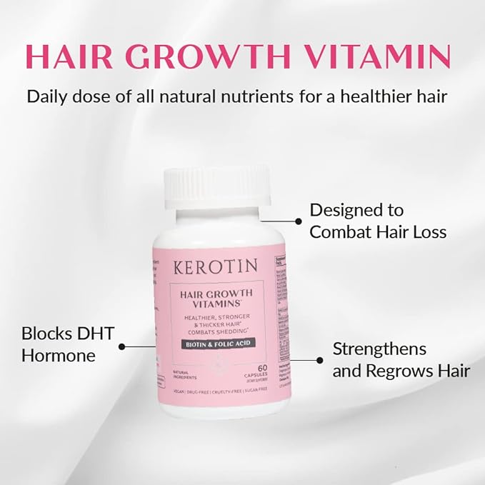 Kerotin Hair Growth Supplement for Longer, Stronger Hair - Enriched with Biotin, Folic Acid, Saw Palmetto to Promote Thick, Healthy Hair Growth (3 Months)