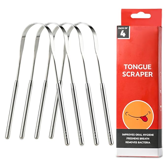VIWIK 4 Pack Tongue Scraper for Adults, 100% Stainless Steel, Reduce Bad Breath, Tongue Scrubber, Easy to Use, Tongue Cleaner for Oral Care & Hygiene