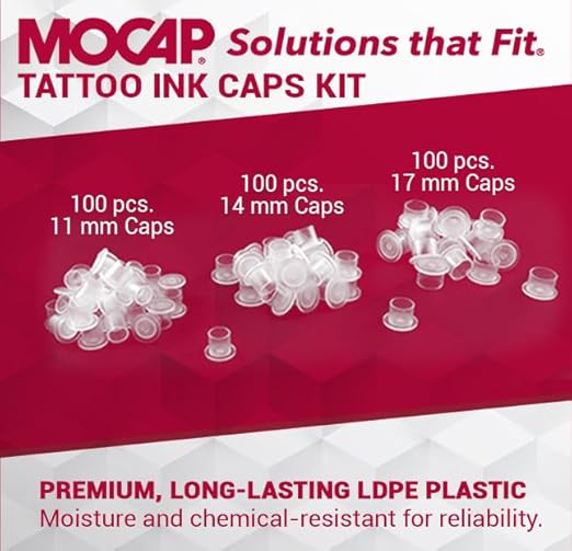 MOCAP Tattoo Ink Caps Kit (FC Series) – Flexible, Durable & Versatile Plastic Flanged Ink Caps for Tattoo Artists, Moisture & Dust Prevention, Secure & Easy to Use, LDPE Material - 300 Total Pcs