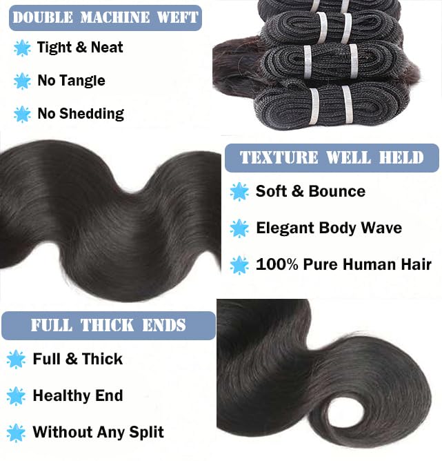 12A Human Hair Bundles Body Wave Bundles Human Hair 4 Bundles 22 24 26 28 Inch 100% Unprocessed Virgin Triple Lifespan Remy Hair Extensions No Shedding