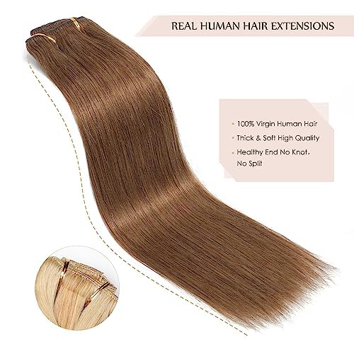 Sisily Clip in Hair Extensions Real Human Hair, 16 inch 140g, Medium Light Brown, 100% Brazilian Remy Human Hair Clip in Extensions Soft Straight 7pcs Per Set with 16 Clips Double Weft