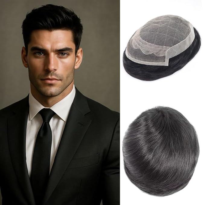 6x8 7x9 Hair Men’s Toupee Mono Lace PU Hairpiece Replacement Capillary Prosthesis System 100% Human Hair Breathable Durable Males Wig Natural Black (OCT, 7X10)