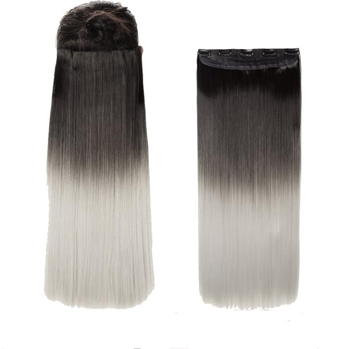 S-noilite Dip Dye Clip in Hair Extensions Ombre Two Color Long Thick Curly Wavy Straight 3/4 Full Head Synthetic Hairpiece Japanese Fiber Trendy Fashion (Dark Black to Silver Grey)