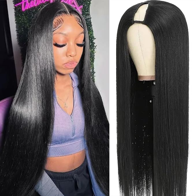 CHEETAHBEAUTY V Part Wigs Human Hair Straight V Shape Wigs for Black Women Upgrade U Part Wigs No Leave Out No Sew In No Glue Clip in Half Wigs 180% Density Natural Black 26Inch