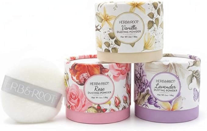 Herb & Root Talc Free Body Dusting Powders. Rose, Vanila, Sandalwood, Lavender, Jasmine, and Gift Sets (Travel Size, Lavender, Rose, Vanilla, Puff)