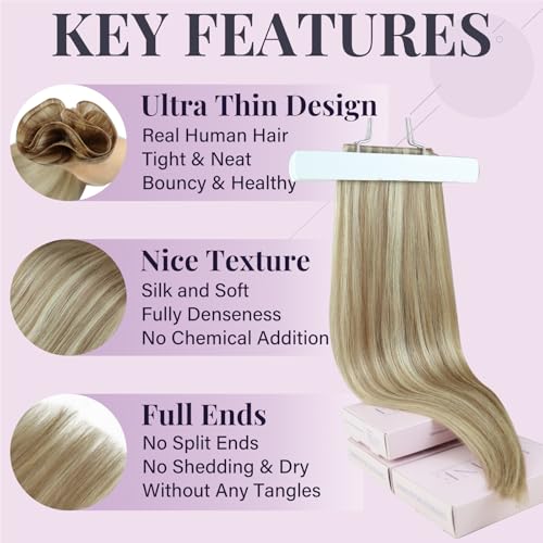 Fshine Real Human Hair Extensions Genius Weft Highlight Ash Blonde And Golden Blonde Sew in for Women 14 Inch 50g Weave Remy Natural